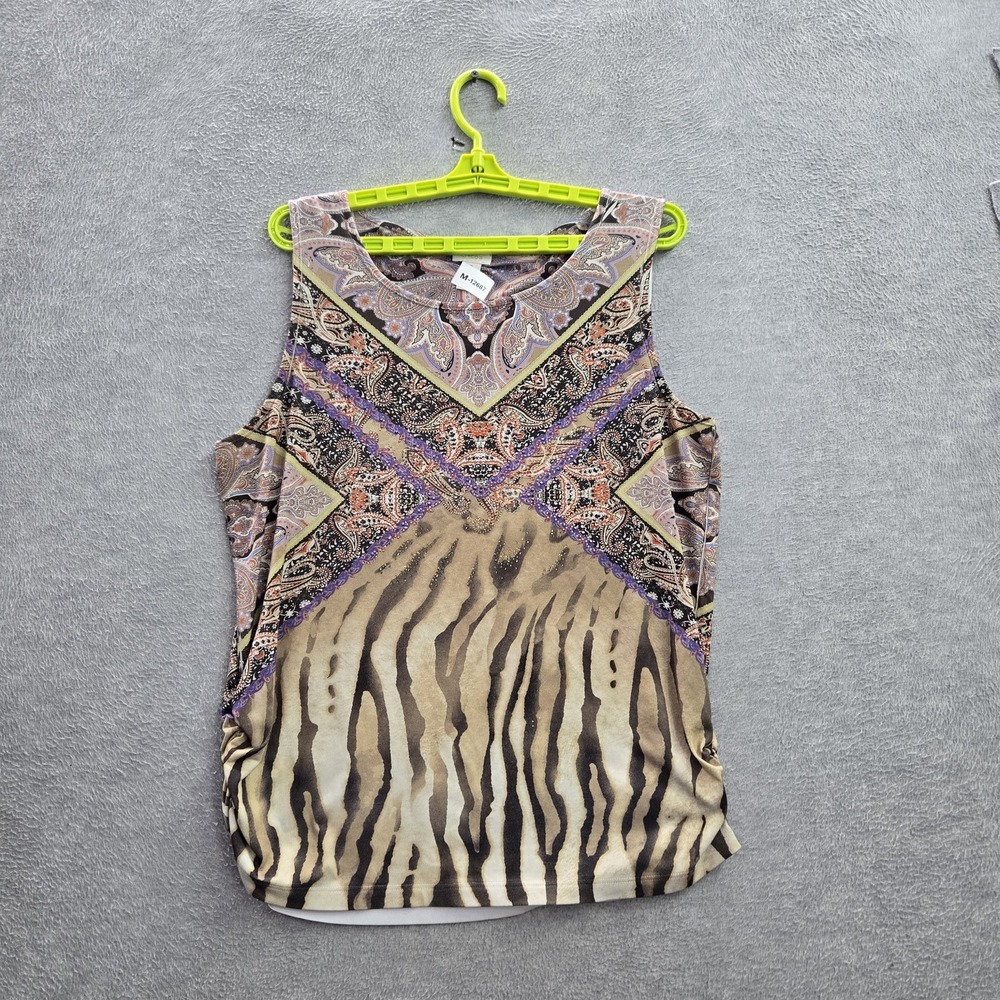 Chico's Women Tank Top 2 Brown Paisley Animal Print Beaded Scoop Neck‎ Pullover